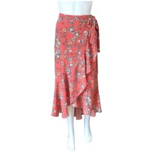 Max Studio Ruffle Midi Skirt Pink Floral Ruched Front Boho High Low Women’s L